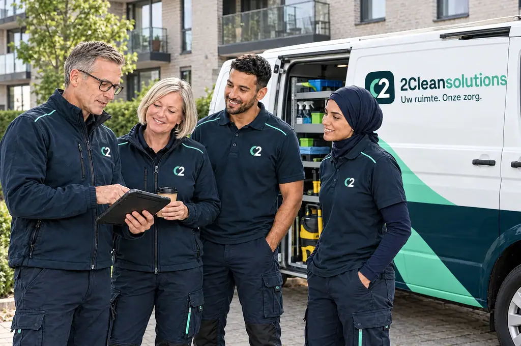 Morgendliche Besprechung des Teams neben dem Lieferwagen