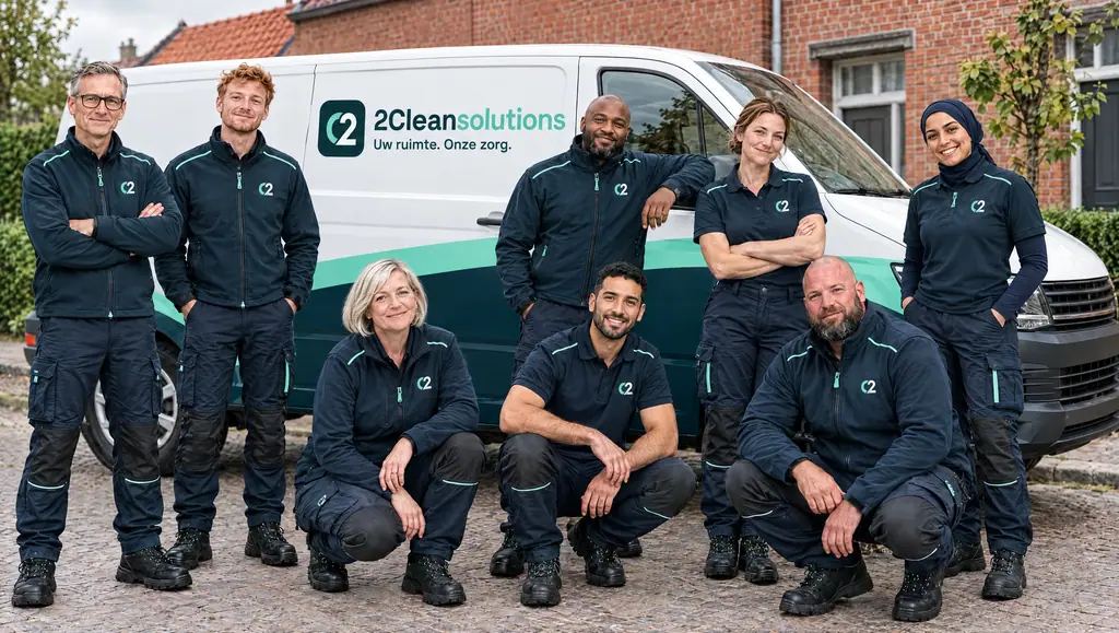 Das Team von 2Cleansolutions vor dem Lieferwagen auf einem flämischen Platz